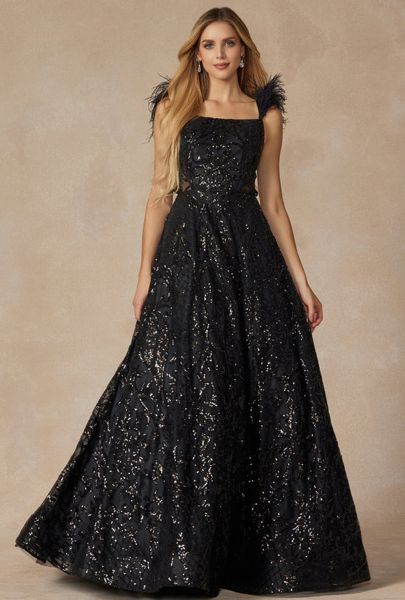 Juliet 297's Sleeveless Feather Gown with Sequin Print– sheerdreamz